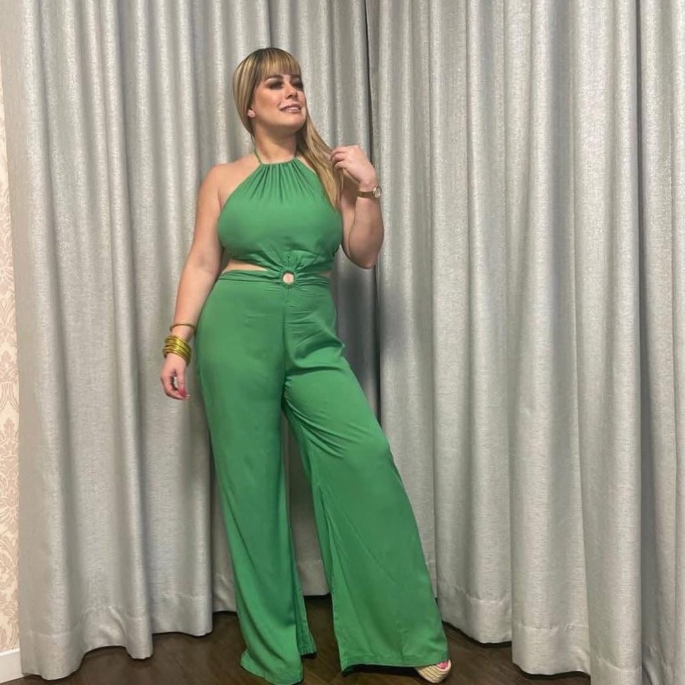 Vibrant Green Halter Jumpsuit with Wide-Leg Design